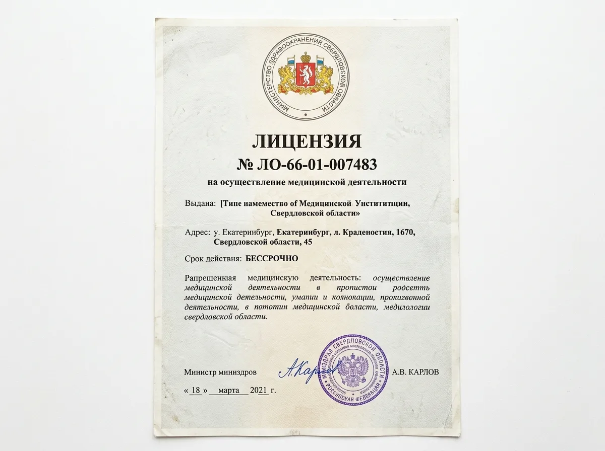 Лицензия Министерства здравоохранения Свердловской области № ЛО-66-01-007483 на осуществление медицинской деятельности: официальный бланк с печатью, подписью и гербом, белый фон